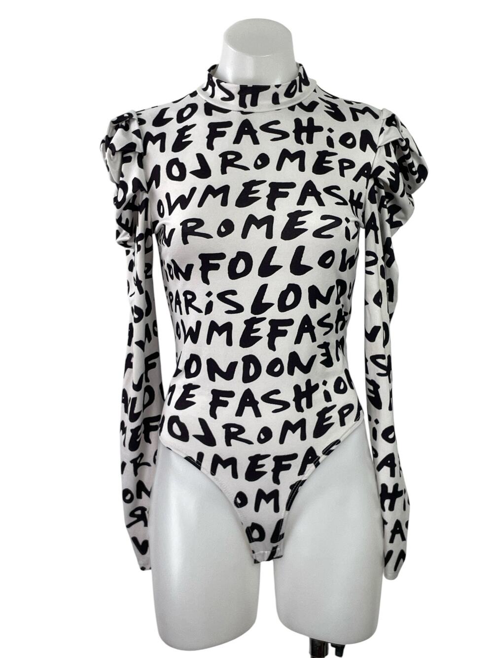 Fashion Nova White Black Graffiti Mock Neck Long Sleeve Bodysuit Top Size M